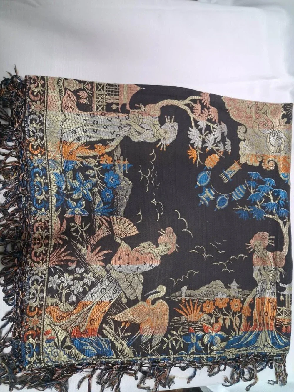 Vintage Asian-Inspired Fringed 48inx48in Shawl, Tablecover, Tapestry, Wall Hang